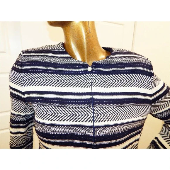 St John Evening sz 8 Navy Blue‎ Ivory Knit Paillette Sequin Full Zip Jacket USA